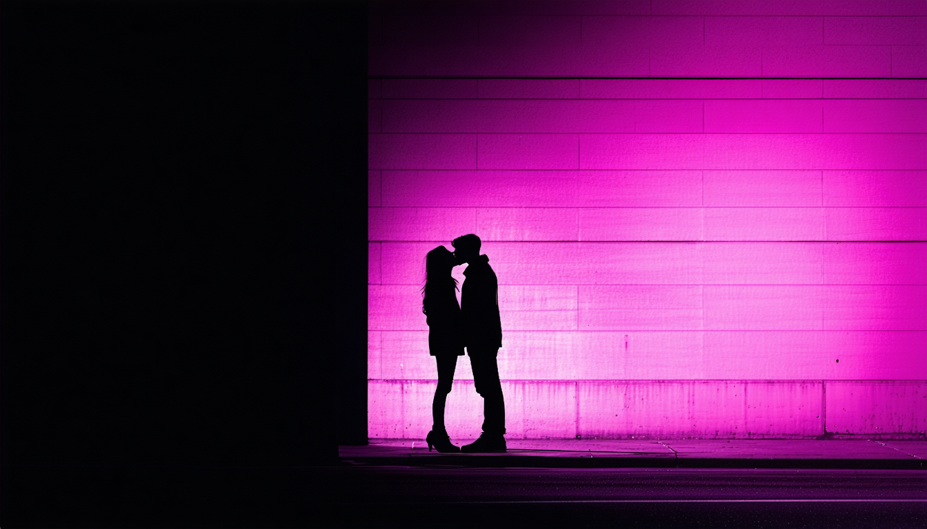 Couple capturé en duotone magenta la nuit