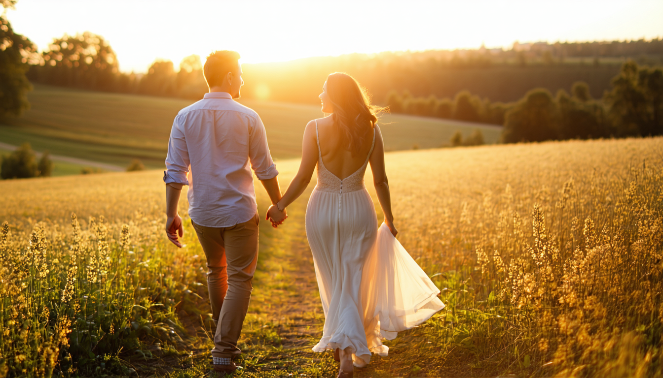 Un couple marchant main dans la main dans un champ baigné de lumière dorée