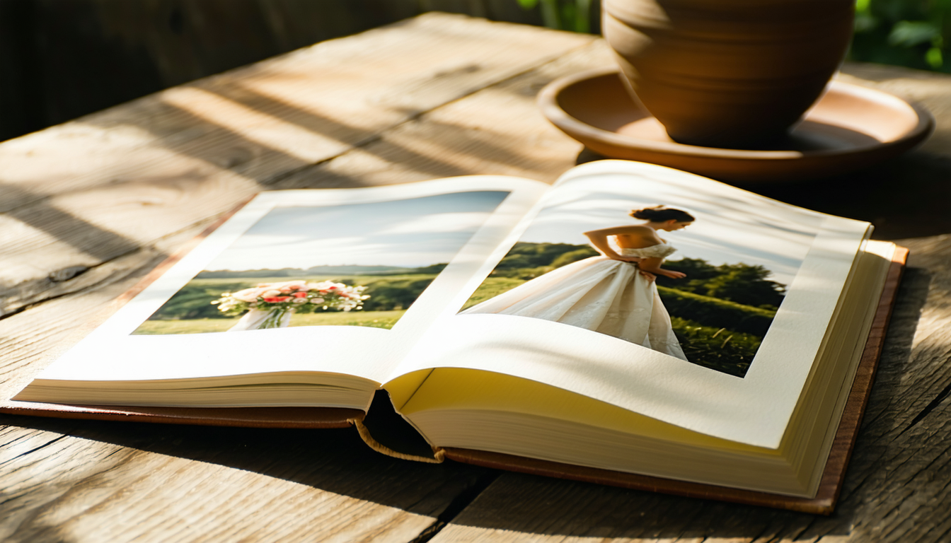 Album ouvert sur une table en bois